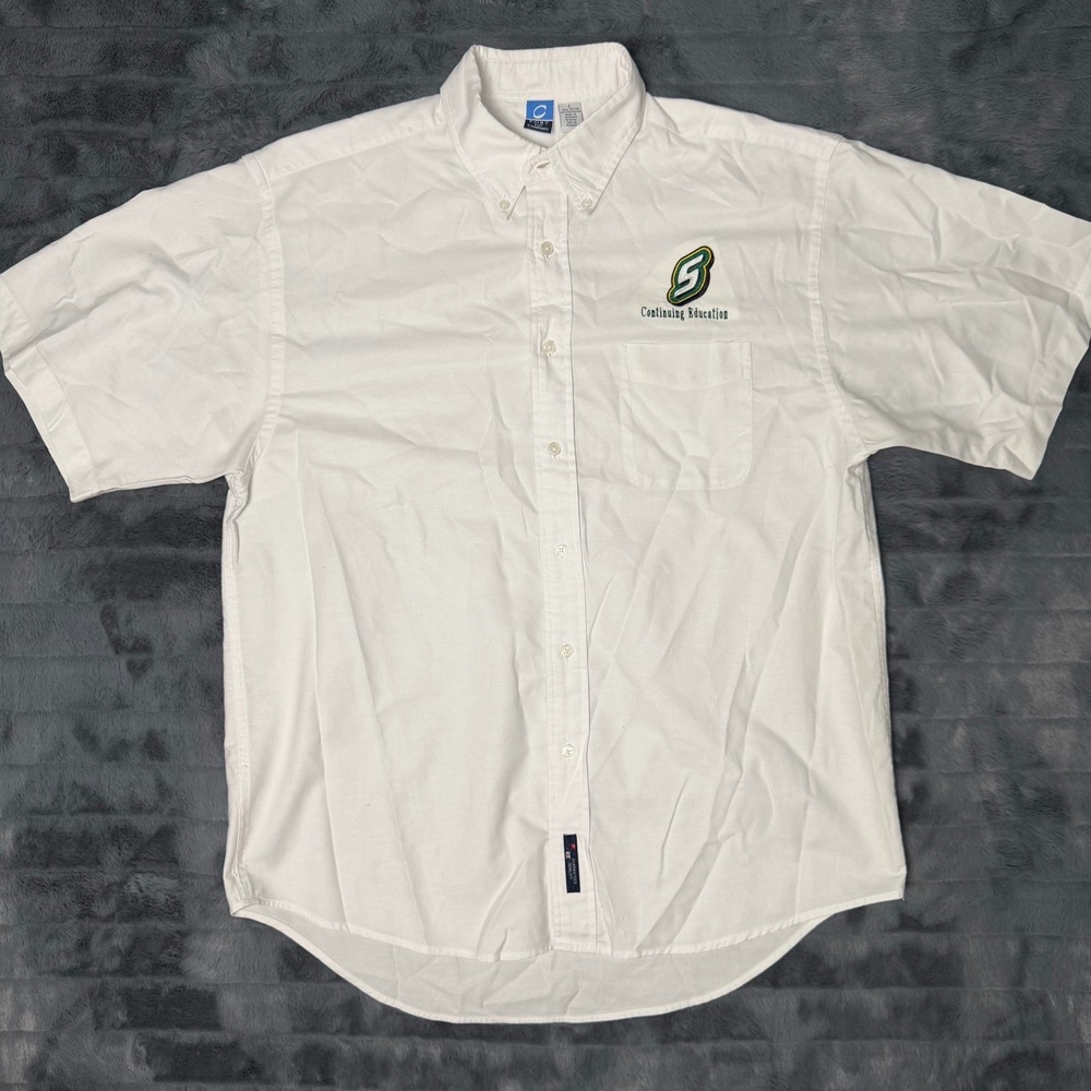 Port and Company Mens White Short Sleeve Button Down Shirt Oxford Large Logo